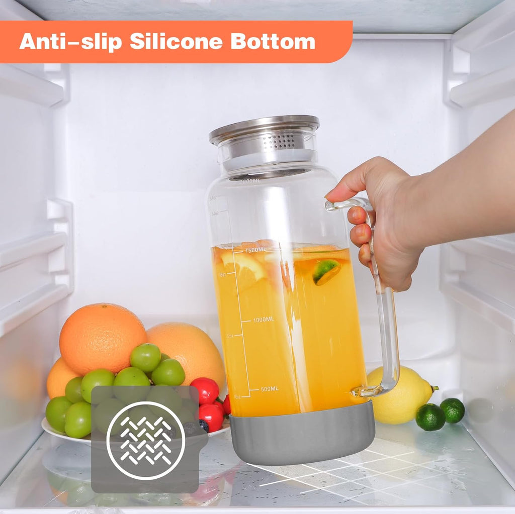 68oz Glass Pitcher with Lid, 2 Liter Water Carafe with Silicone Base and Precise Scale Line, Ice Tea Pitcher for