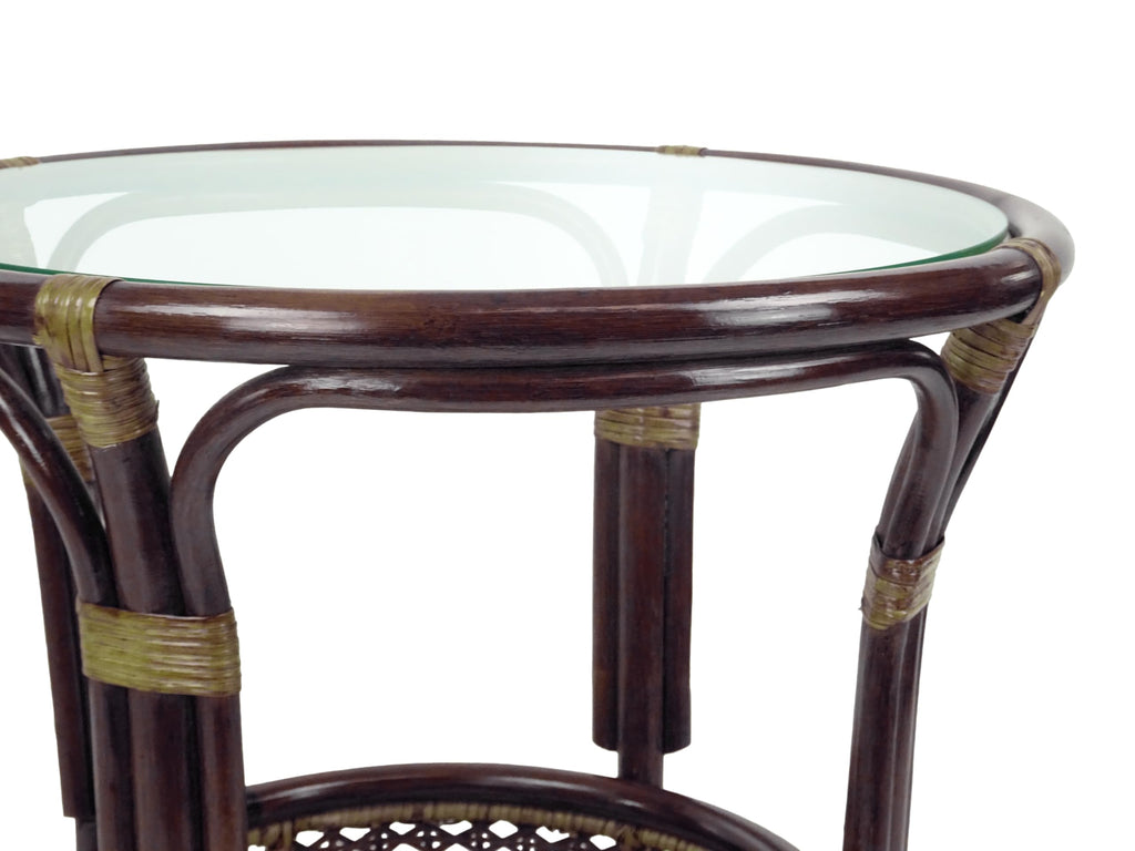 Pelangi Coffee Round Table Dark Brown Color Handmade ECO Natural Rattan Wicker with Glass Top