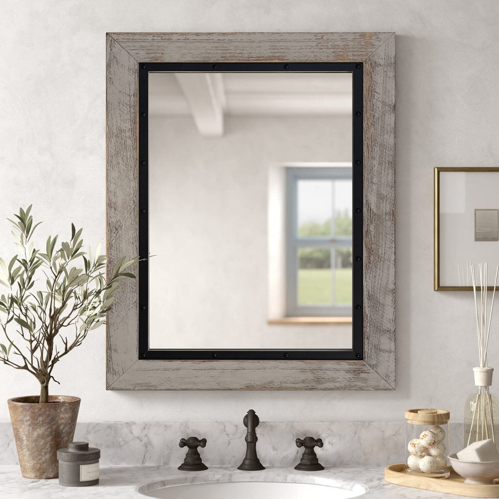 Rustic Wooden Framed Wall Mirror, Natural Wood and Iron Bathroom Vanity Mirror for Farmhouse Decor, Vertical or
