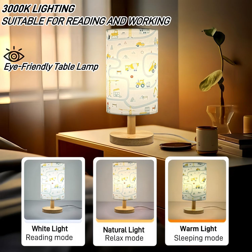 Kids Desk Lamp Boy,Reading Car Lamp, Way Dimmable Bedside Night Light with Cartoon Pattern Printed Shade and Wood