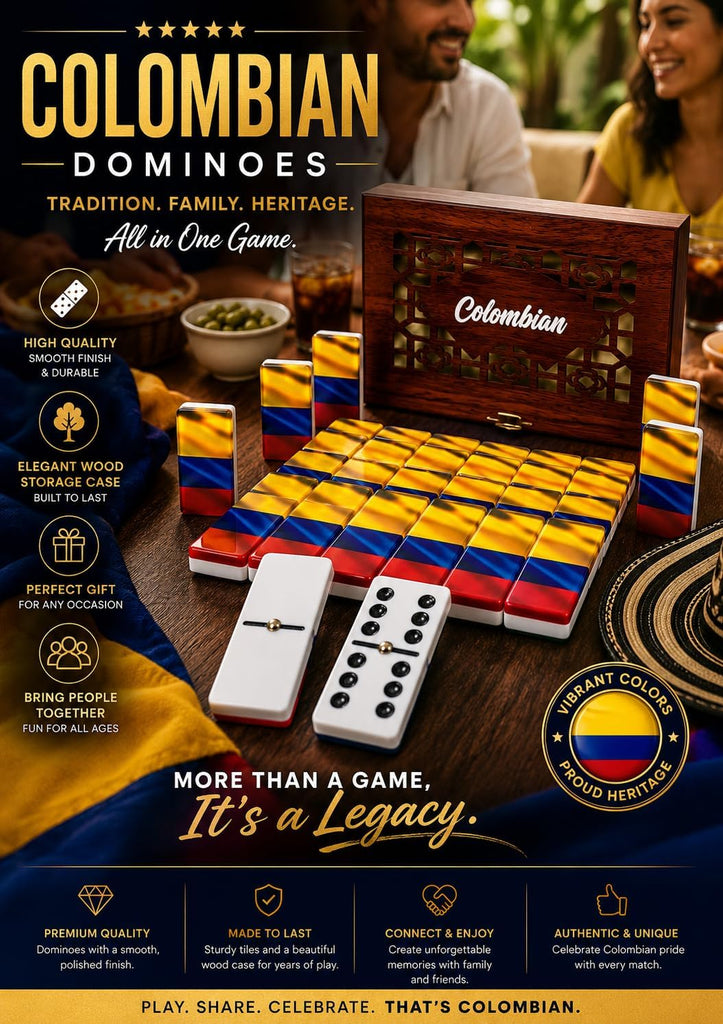Colombian Premium Edition Dominoes Set Deluxe - Double Six Domino Tiles with Colombia Flag Design - Resin & Clear Top