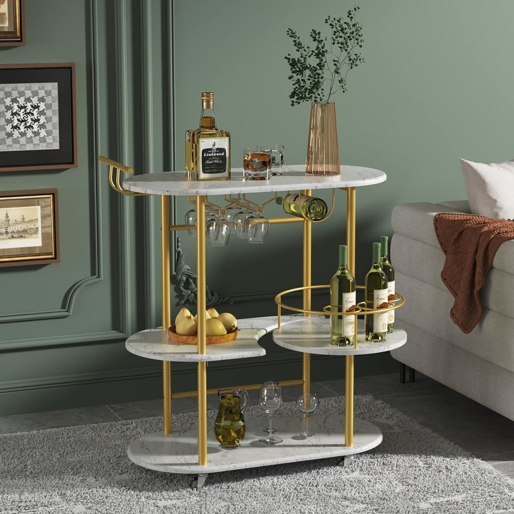 Gold Bar Carts with 4-Tier Storage Shelves, Mobile Bar Serving Cart with Wine Rack and Glass Holder, for The Home