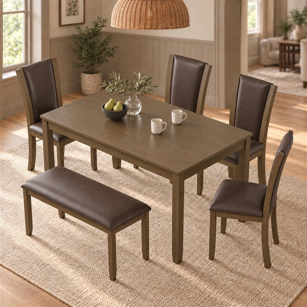 6-Piece Dining Table Set with Bench & 4 Chairs, Solid Wood, Dark Walnut