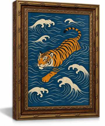 Framed Vintage Japanese Swimming Tiger Wall Art Prints, Ukiyo-e Style Canvas Poster, Funny Wild Animal Paintings