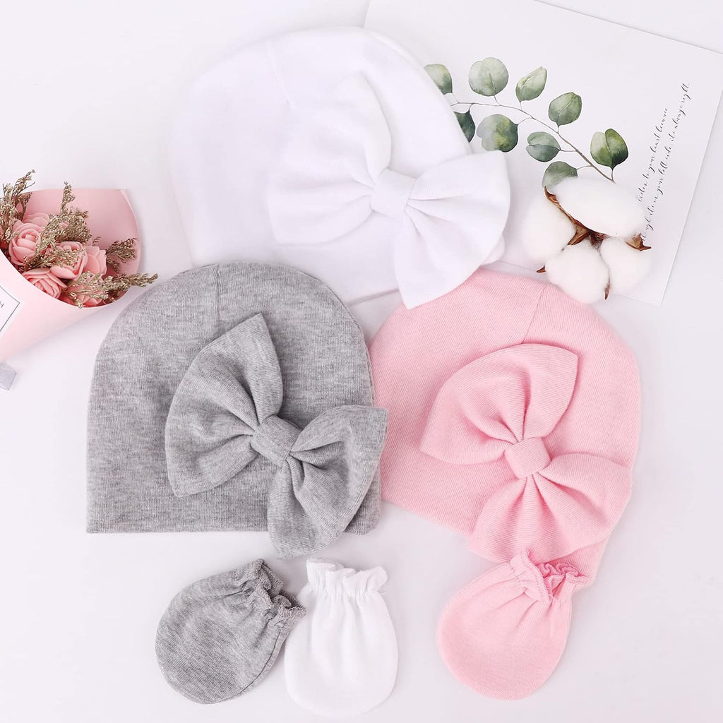 Newborn Baby Girls Hats Mittens Set Hospital Hat Beanie Infant Bow Hats Baby Cotton Gloves for 0-6 Months