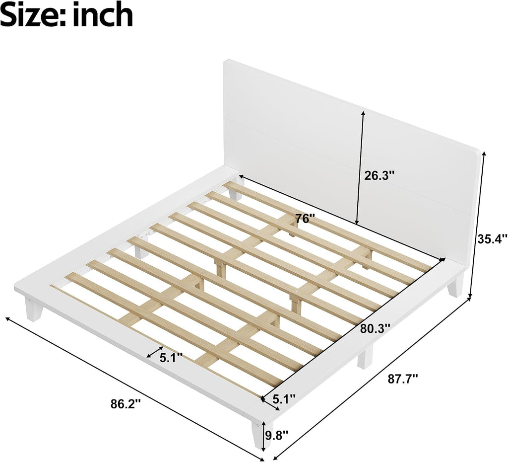 King Size Wooden Bed Frames with White Headboard, Japanese Pine Wood Platform Bed, Rustic & Mid-Century Modern