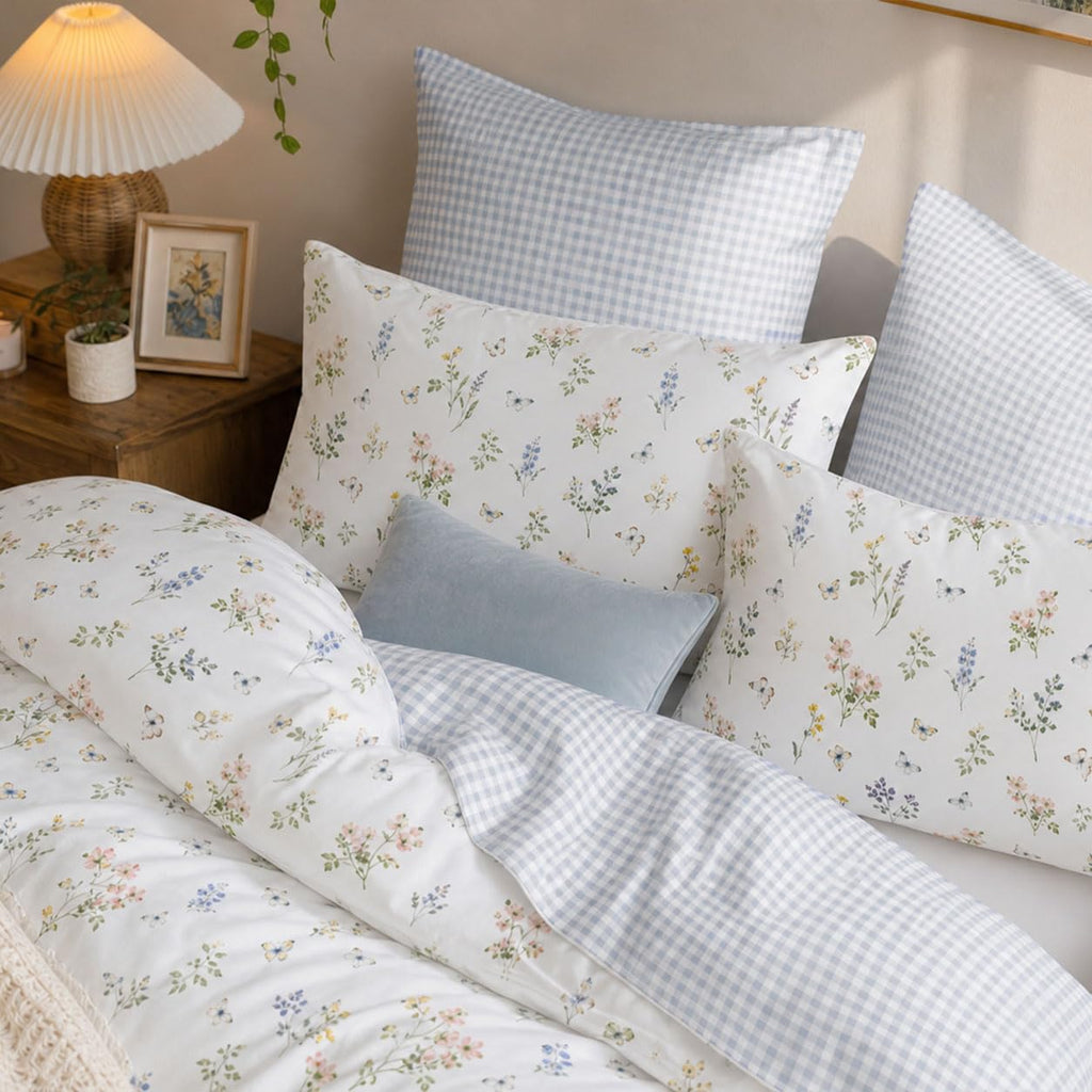 Gingham Duvet Cover 3 Pieces Colourful Floral Bedding Set