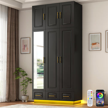Large Armoire Wardrobe Closet Cabinet with Drawers and LED Lights, Multi-Tier Shelves, Hanging Rod, Large Capacity