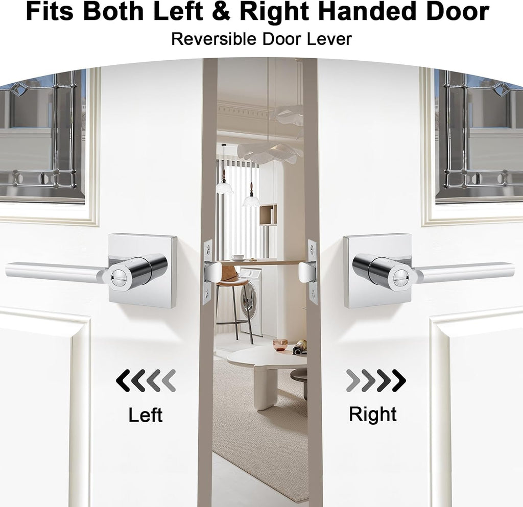5 Packs Polished Chrome Door Handles Interior Door knob Privacy Lever Square Keyless Lock Right & Left Side Door Lock