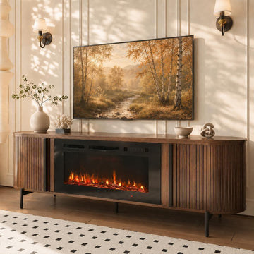 70" Fluted TV Stand with Fireplace, Mid Century Modern TV Stand, Entertainment Center for TVs Up to 80"
