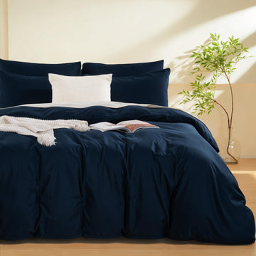 Duvet Cover, Navy 3 Pieces Duvet Cover Set, Soft and Lightweight 100% Washed Microfiber Comforter Cover Set for