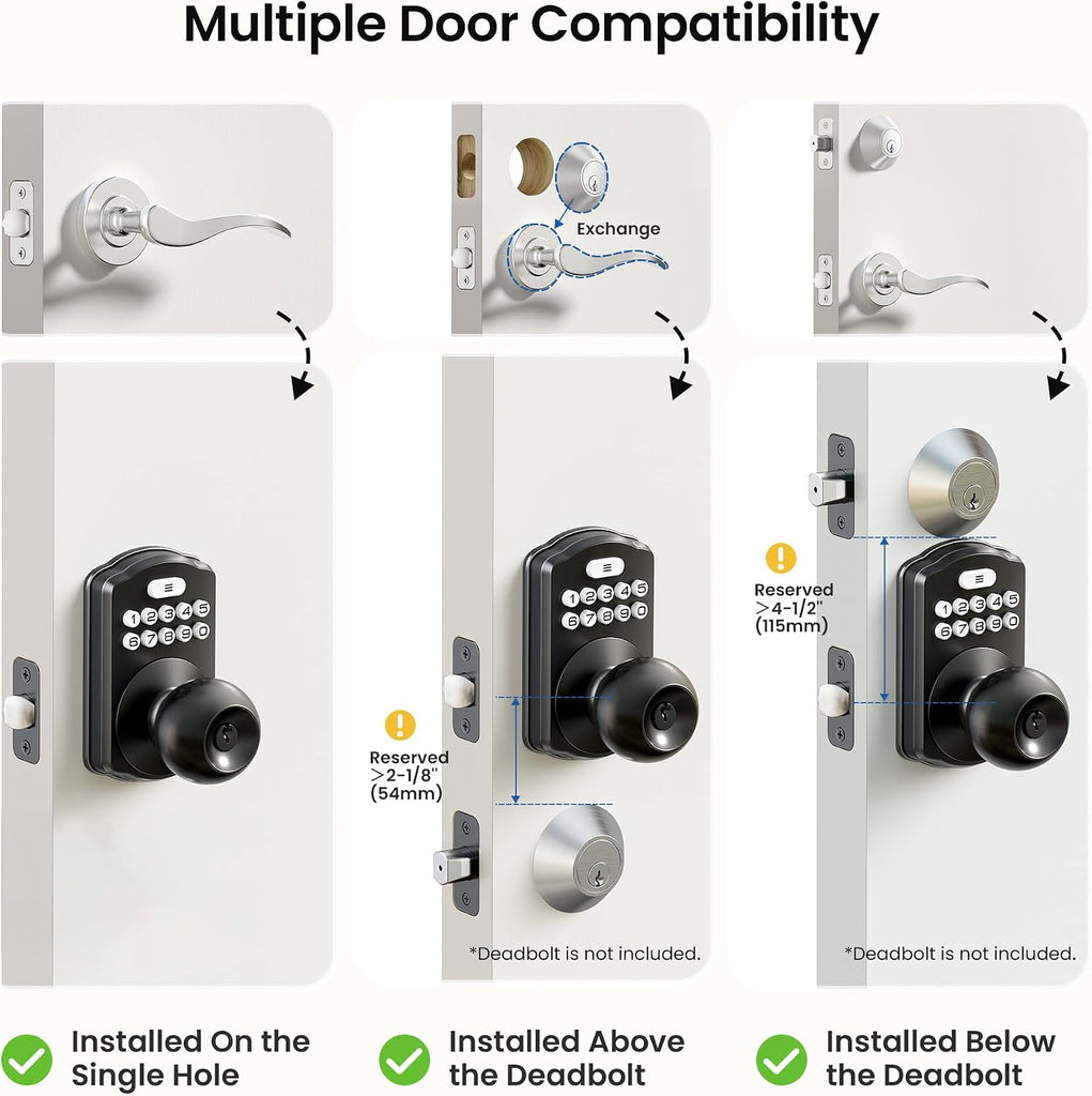 Keypad Door Knob, Keyless Entry Lock with Handle, Matte Black