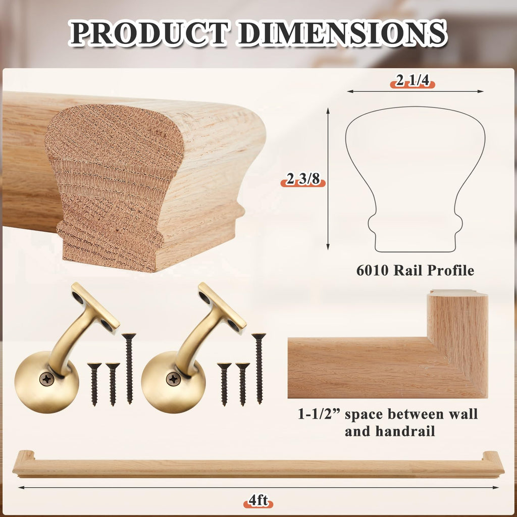 6010 Red Oak Handrail Kit 4 ft with Wall Returns and Wall Mount Brackets Indoor Wood Stairs Handrails Included Screws