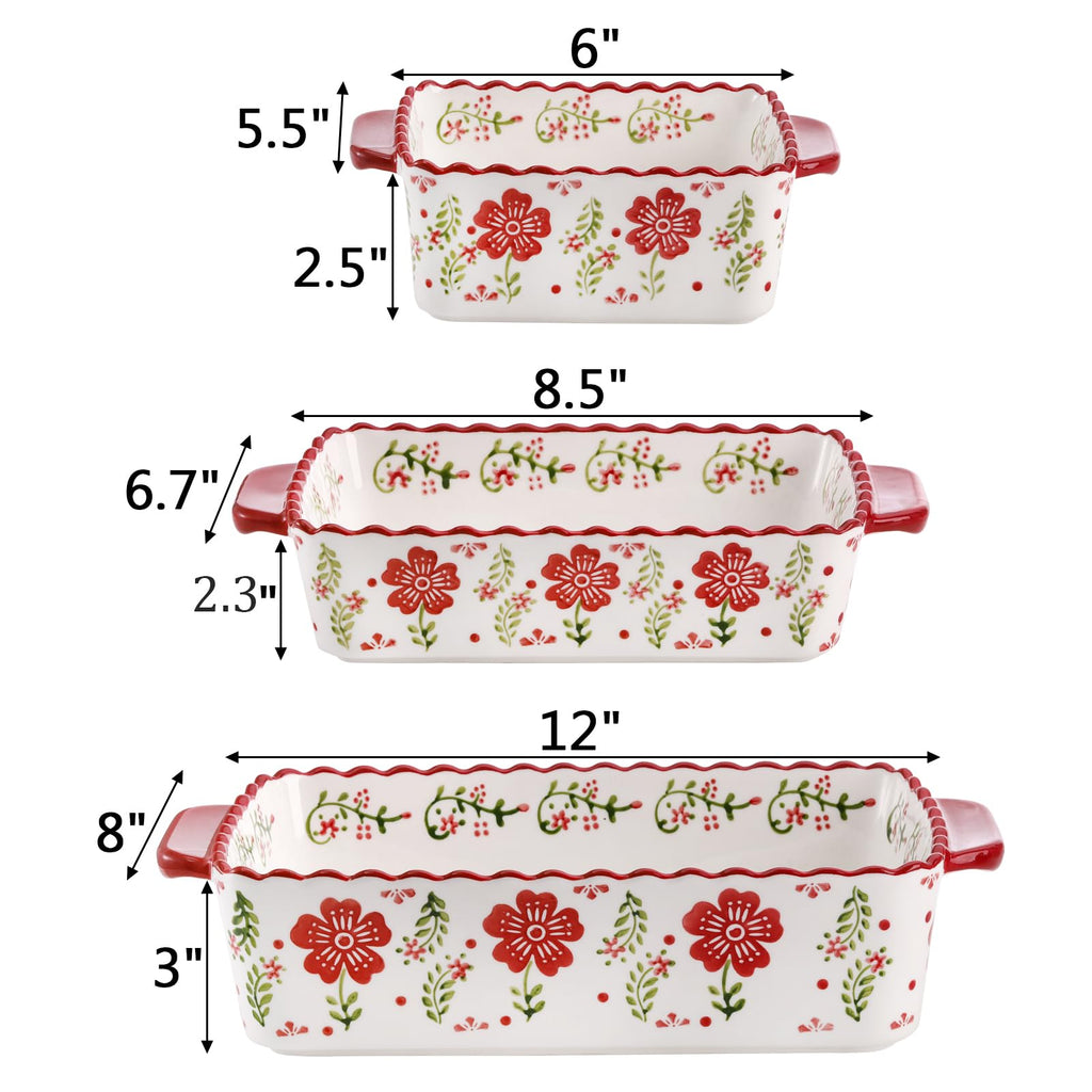 3 Pack Ceramic Baking Dishes, Rectangular Bakeware Set Hand-painted Lasagna Pan Porcelain Serving Bakeware for Pasta