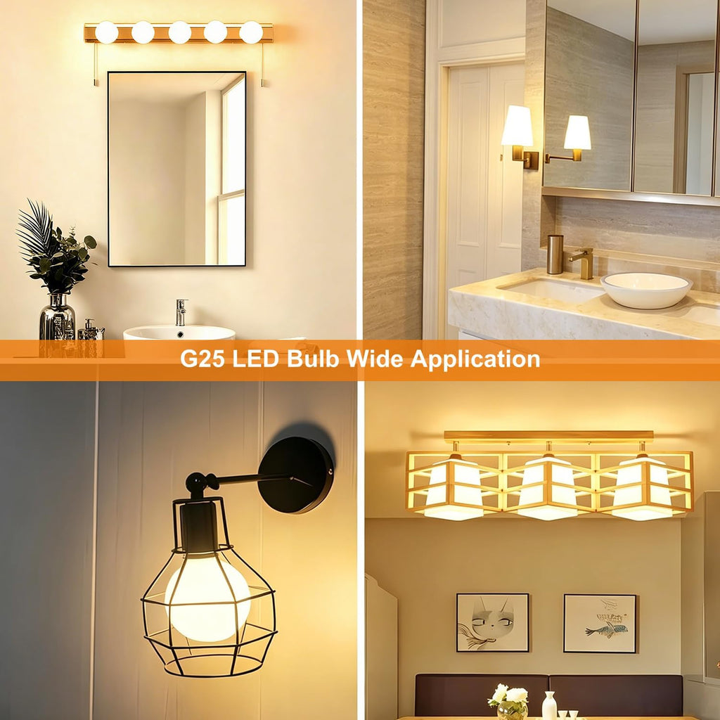 Glass LED G25 Globe Light Bulbs 60W Equivalent, G25 Dimmable 2700K Warm White Round Frosted Vanity Light Bulb for