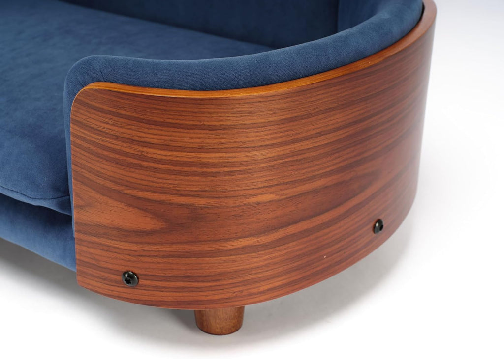 Modern Elevated Pet Sofa Bed, Wood Frame with Velvet Cushion, 26.4 x (Dark Blue)