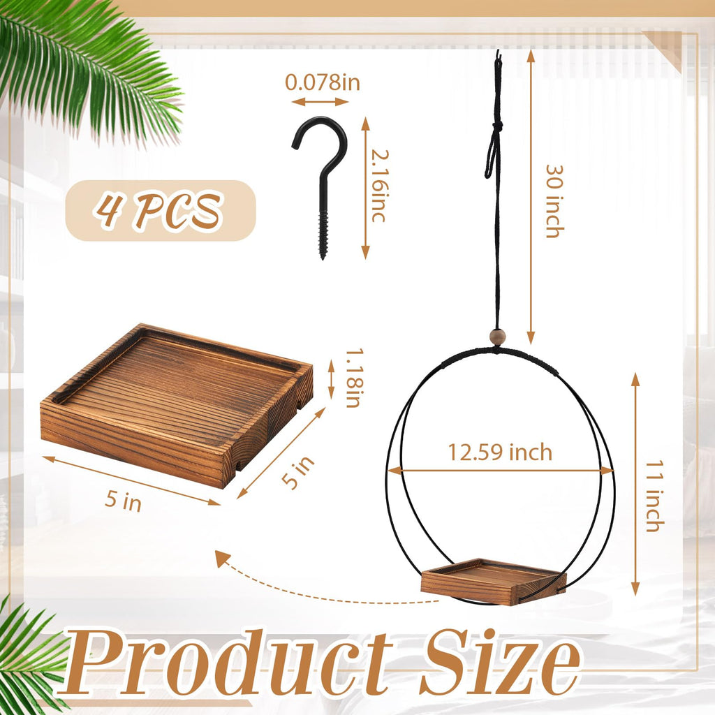 4 Pcs Hanging Plant Holder with Wood Base Window Planter Boho, Brown