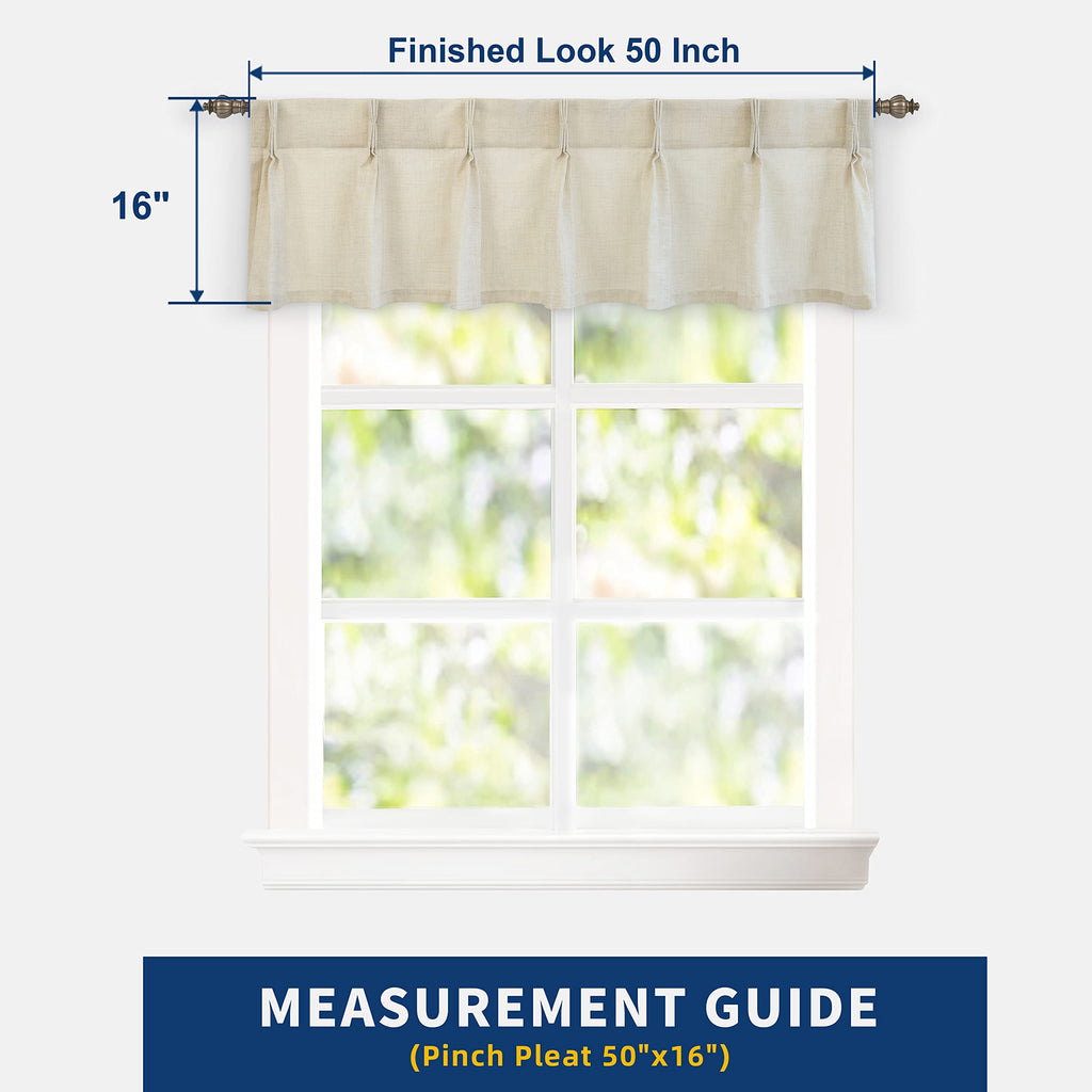 Pinch Pleat Valance Window Faux Linen Textured Solid Beige Valance 16 Inch Light Filtering Farmhouse Linen Curtain