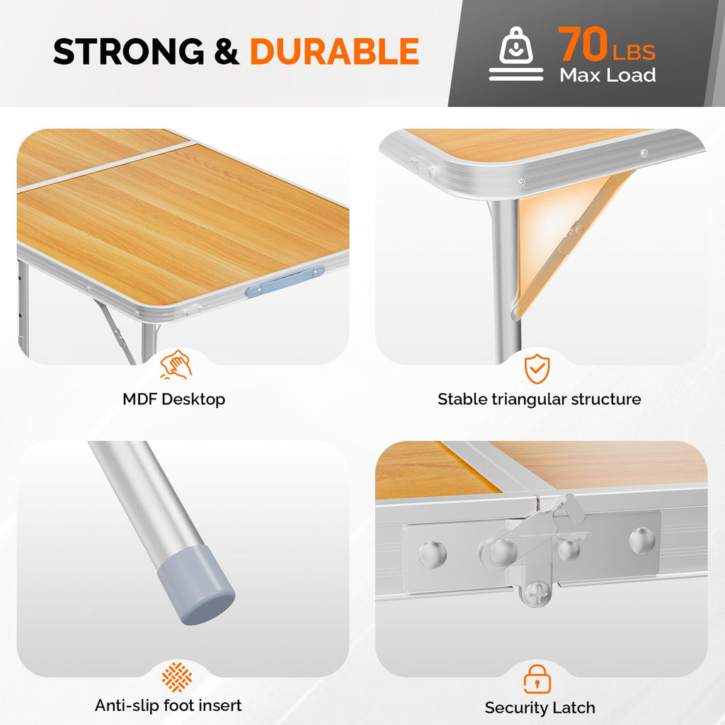 4FT White Folding Table with Carrying Handle Height Adjustable Lightweight Fold Up Portable for Indoor Outdoor
