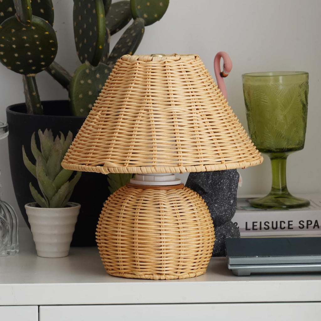 Bamboo Table Lamp Handmade Boho Rattan Bedside Lamp, 3 Colors Adjustable Vintage Wicker Wooden Nightstand Lamp with