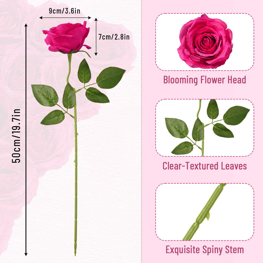 16 Pcs Fuchsia Roses, Long Stem Fake Roses Artificial Flowers, Silk Flowers Bouquet for Valentines Mothers Day