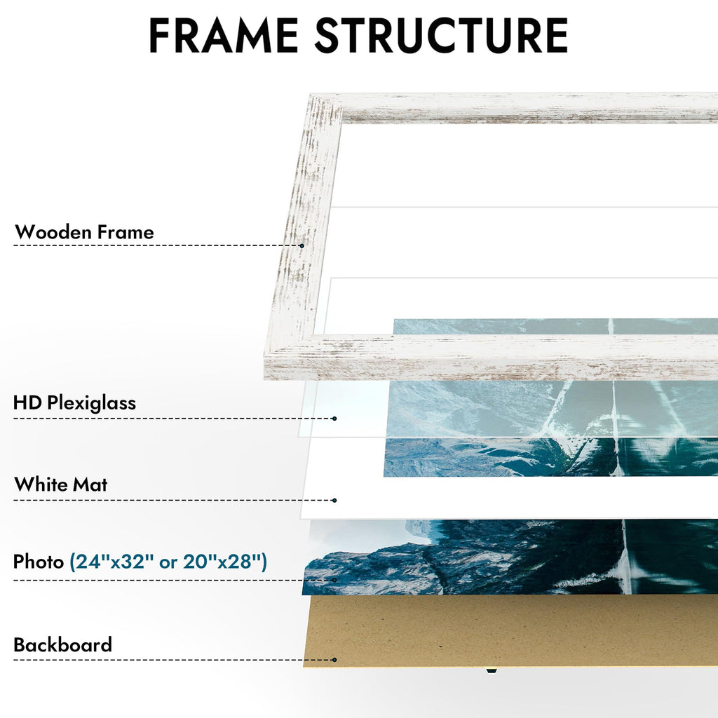 24x32 Poster Frame, Distressed White Wood Style, Wall Mounting