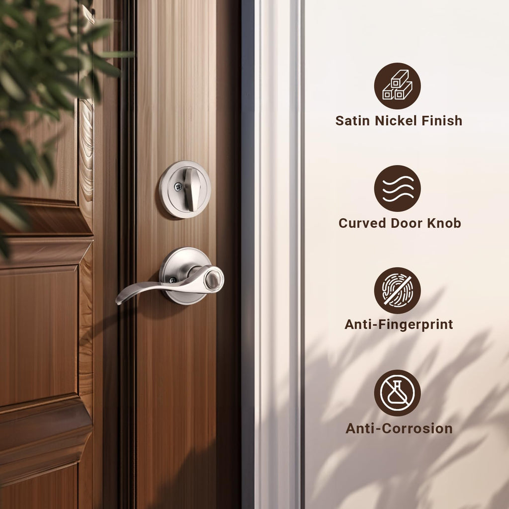 3 Sets of Front Exterior Door Knob Set with Single Cylinder Deadbolts in Satin Nickel Finish, All Keyed Same Combo