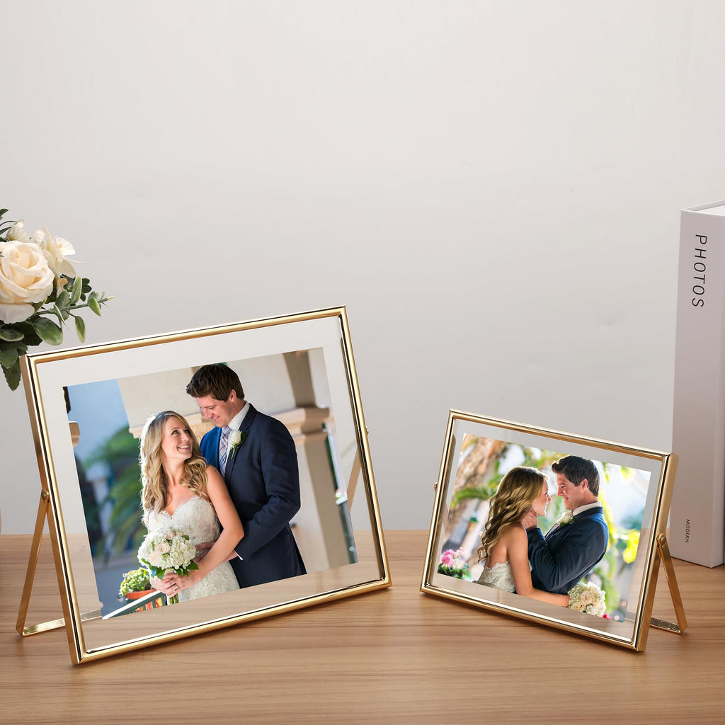 Gold 7x5 Floating Frame(Horizontal) 2pack for Photo Sizes(3.5x5'', 4x6''), Classy Gold Frames Tabletop/Shelf display