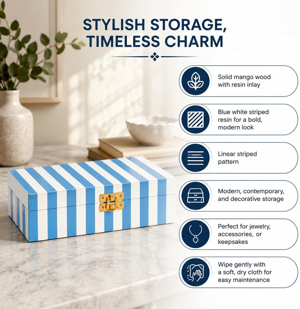 Decorative Storage Box with Lid, 8 x 5 x 2 Inch, Blue & White Striped Wooden Keepsake Box for Jewelry, Accessories
