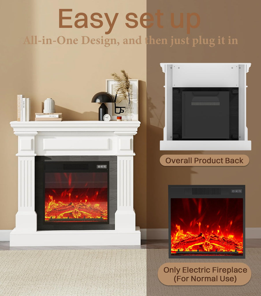 35" White Electric Fireplace with Mantel, TV Stand, with 18" Fireplace Heater
