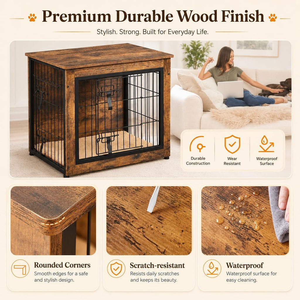 27.5in Wooden Dog Crate Furniture w/Cushion for Small Medium Dogs