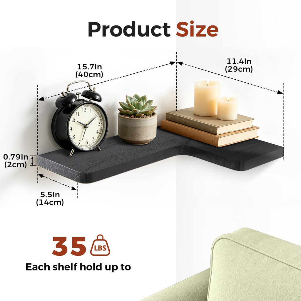 Solid Wood Corner Floating Shelves, L-Shaped, Black, Set of 4