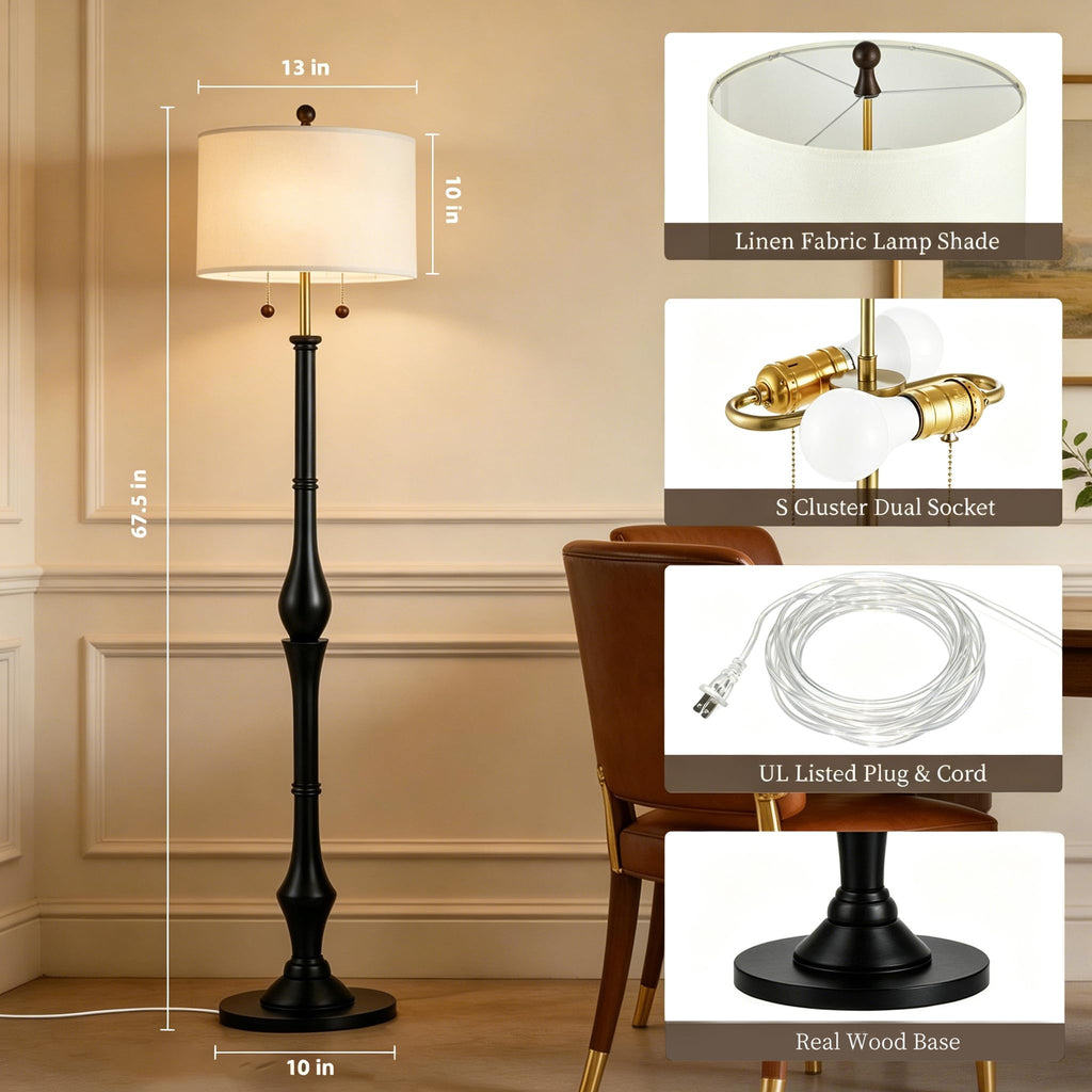 Farmhouse Floor Lamp, Solid Wood Standing Lamp, Linen Shade, Black