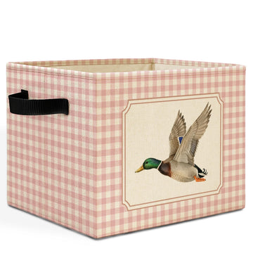 Pink Checkered Mallard Duck Storage Bins Box with Handles, Flying Mallard Duck Preppy Laundry Basket Hamper