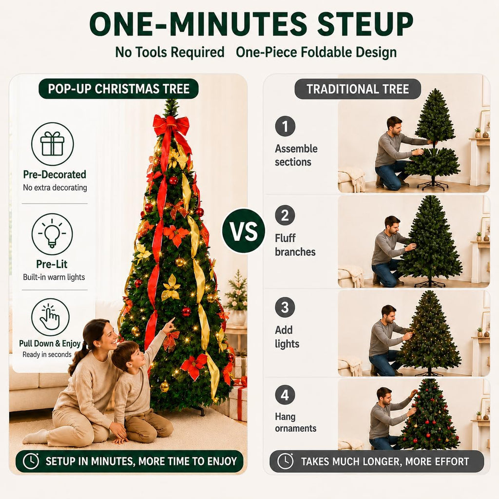 7.5Ft Prelit Pop Up Christmas Tree Decoration, Collapsible Artificial Xmas Tree with 200 Warm Lights, Pre Decorated