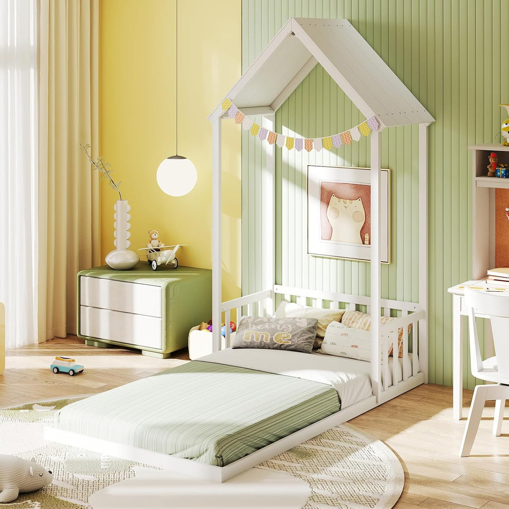 House Bed, Montessori Floor Bed with House Shape Roof & Semi-Fence, Solid Wood Bed Frame Without Slats, Low