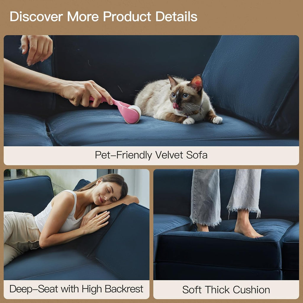 Modular Sectional Sofa with Storage Seats Velvet L Shaped Corner Couch Convertible Sectional Sofa with Chaise (Blue