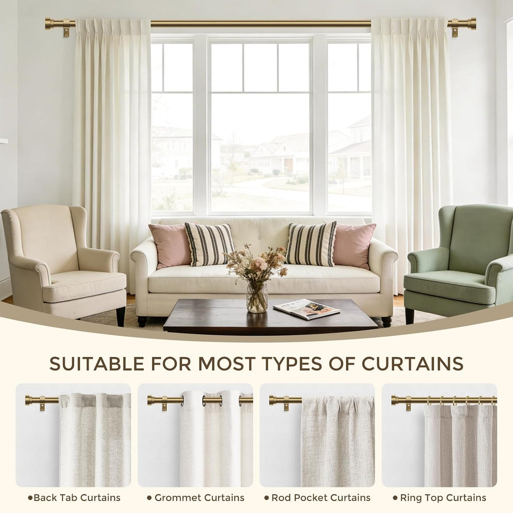 Brass Gold Curtain Rod, Brushed Warm Gold 1" Adjustable Long Heavy Duty Curtain Rods for Windows