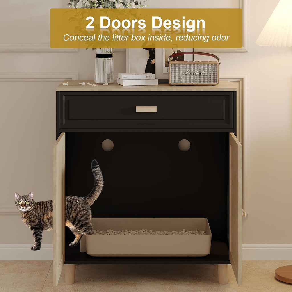 Cat Litter Box Enclosure Furniture Hidden Indoor 2-in-1 Wooden Cat House & Washroom Cabinet with Scratching Board