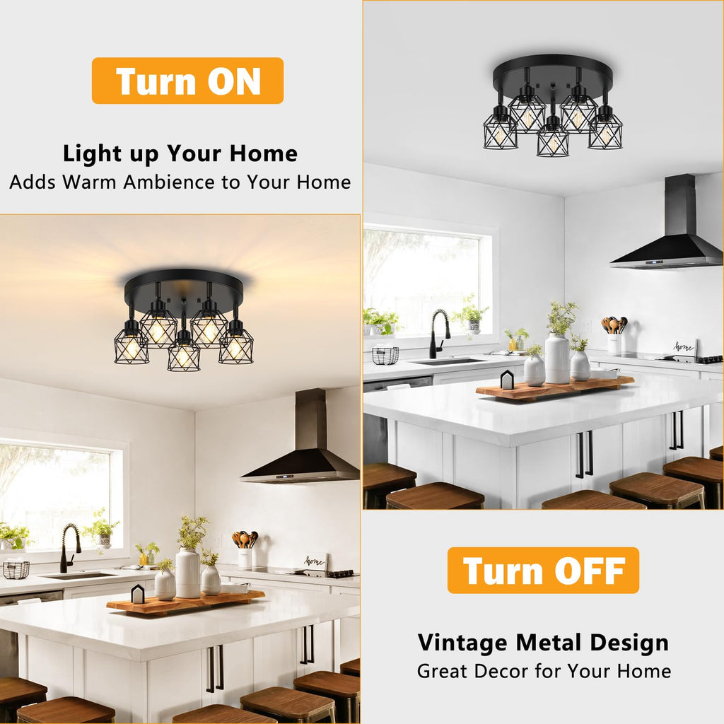 5-Light Adjustable Kitchen Light Fixtures, Multi-Directional Black Ceiling Light Fixtures, Semi Flush Mount Ceiling