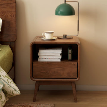 100% Solid Wood Nightstand, Walnut Night Stand with Drawer and Open Shelf, Mid Century Nightstand, Wooden
