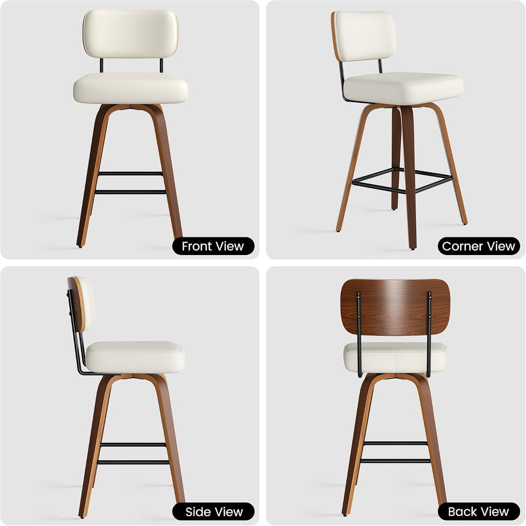 Swivel Bar Stools Set of 4, 26" Faux Leather Upholstered Counter Height Barstools with Back & Bentwood Legs, Mid