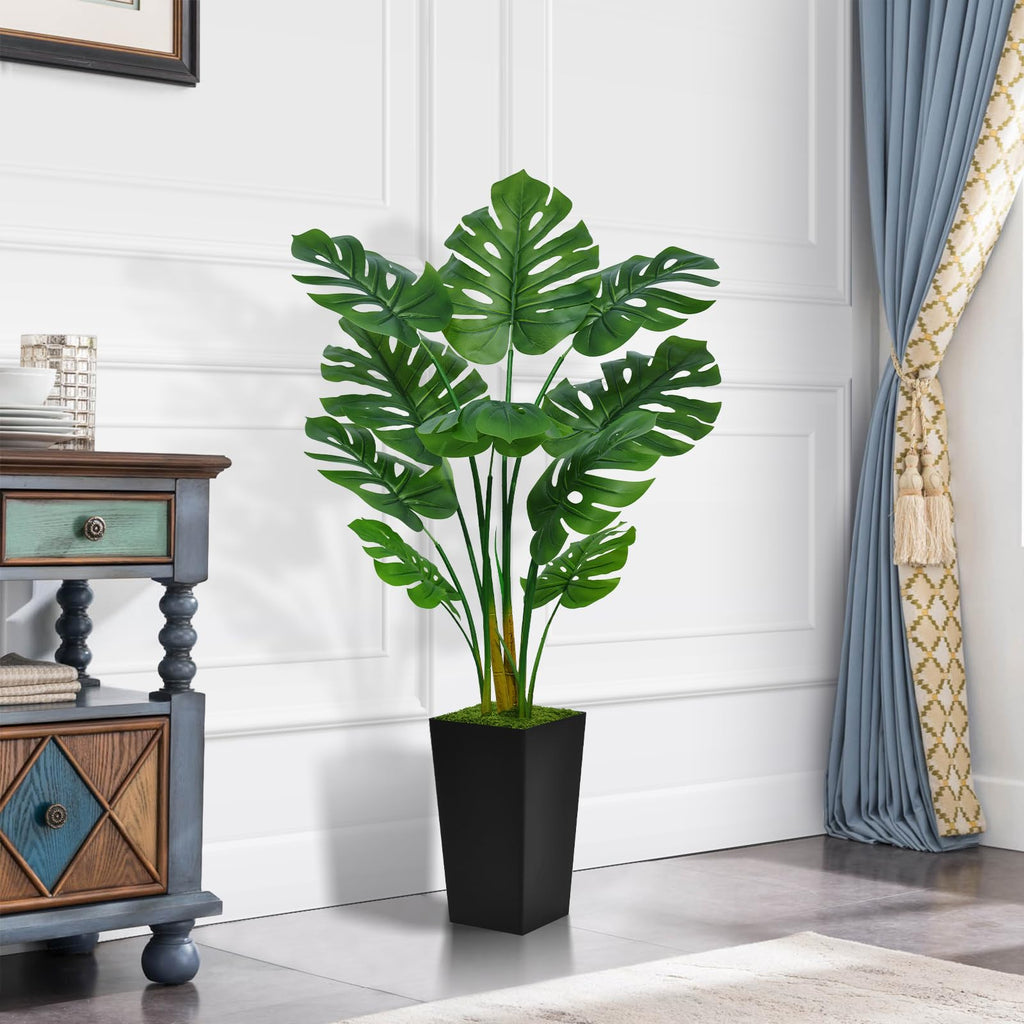 Artificial Monstera Deliciosa Plant 5FT - Faux Tropical Palm Tree with Black Tall Planter - Fake Swiss Cheese Floor