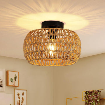 12" Boho Ceiling Light Fixture, Rattan Flush Mount Ceiling Light, Small Rustic Hand Woven Chandelier for Farmhouse
