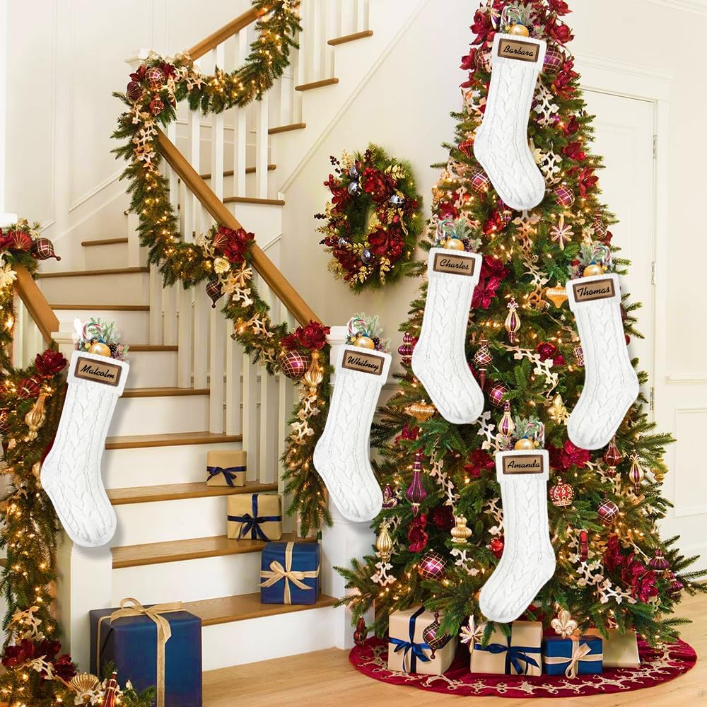 Christmas Stockings, 18inch Large White Cable Knitted Stocking Personalized Xmas Hanging Stocking with Leather - Set of 6