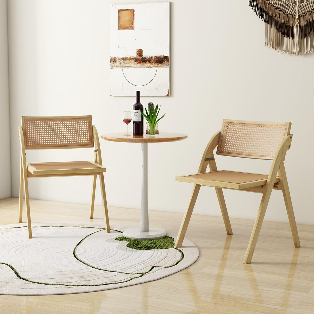 Folding Dining Chairs Set of 2, Wooden Folding Chair with Rattan Backrest & Seat, Sturdy Rubber Wood Frame, Armless