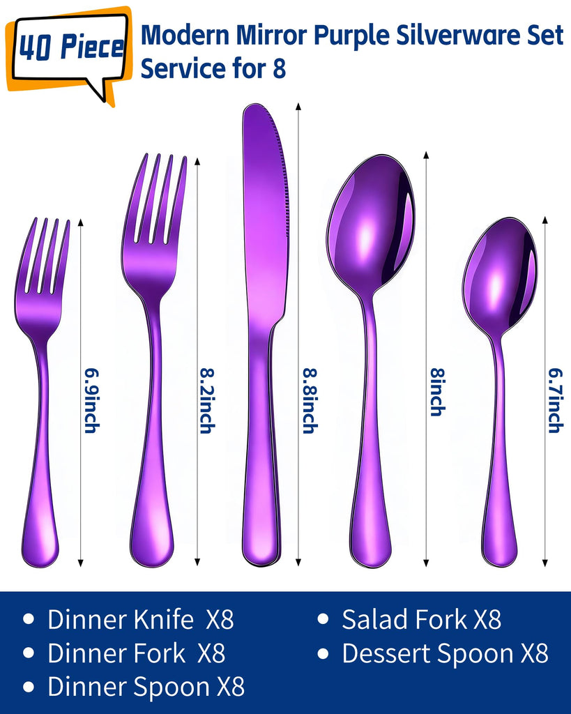 40-Piece Purple Silverware Set, Stainless Steel Flatware Set for 8