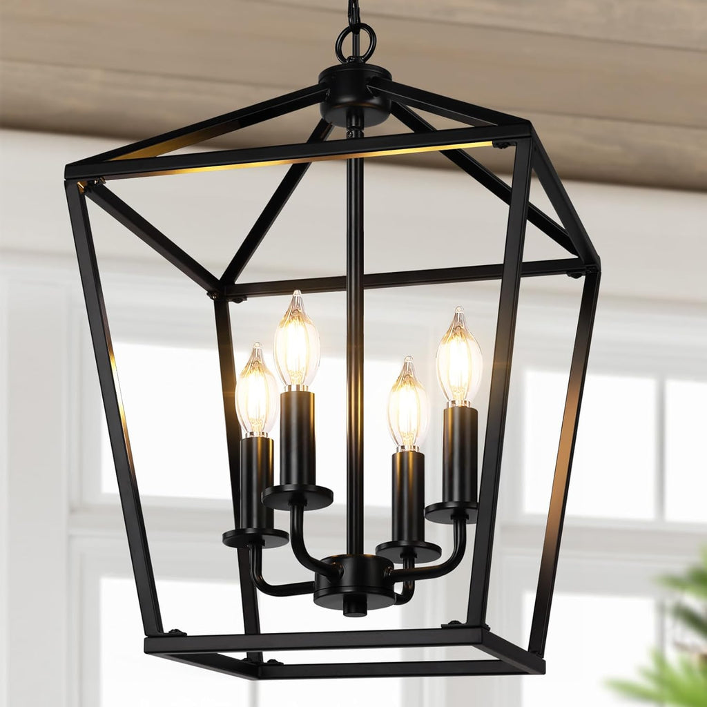 Farmhouse Chandelier 4-Light, Black Pendant Light Fixture for Kitchen Island Dining Room, Lantern Industrial Lighting Ceiling Hanging with Metal Cage Adjustable Height for Entryway Foyer A128-B0DHXHVYSG