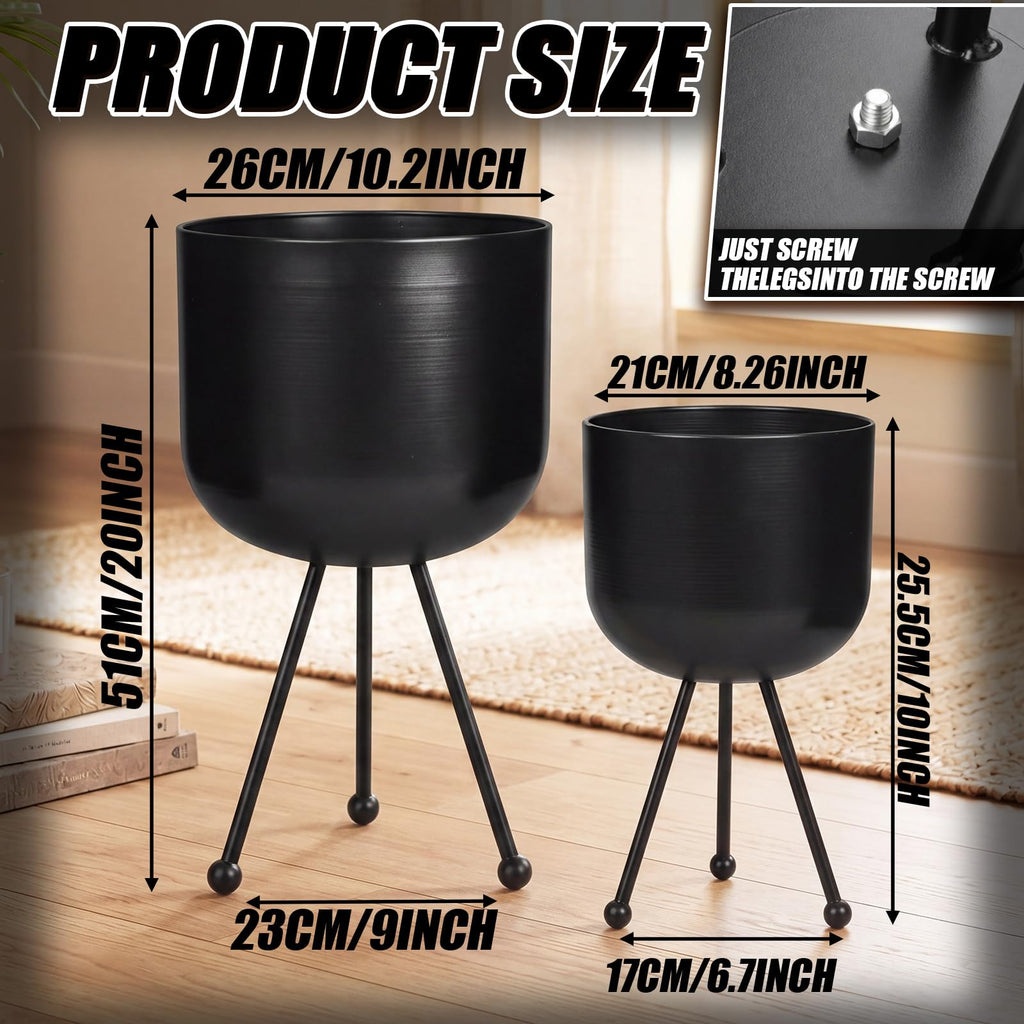 2 Pack Mid Century Modern Metal Planter with Stand, Black