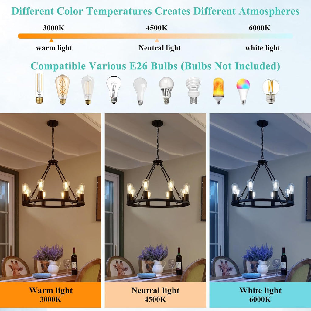 Inspired Camino Style Chandelier - 8 Lights Wagon Wheel Chandelier, Black Kitchen Island Lighting Fixture Round Metal Industrial Farmhouse Dining Room Pendant Light for Living Room Foyer Entryway,E26 Socket, 23.6". Height Adjustable A105-B0D78CXHYK